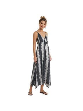 Elan Black & White Boho Large Striped Spaghetti Strap Maxi Asymmetrical Hemline